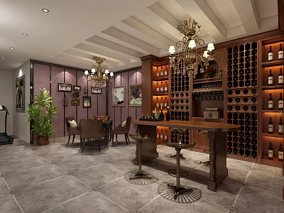 Elegant Wine Cellar Interior Featuring Wooden Wine Racks Chandeliers Bar Counter Stools And Decorative Art 3d model