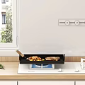 Modern Kitchen Interior With Black Grill Pan Steak And Vegetables On White Cooktop Wooden Countertop