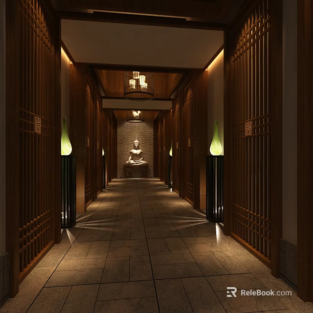 Zen Inspired Hotel Corridor With Wooden Walls Green Lit Lamps And Buddha Statue At End 3d model 