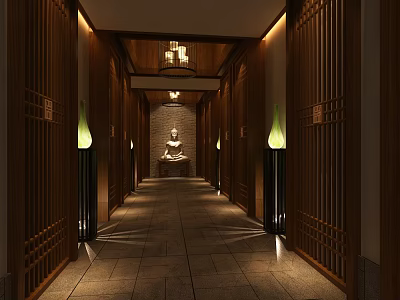 Zen Inspired Hotel Corridor With Wooden Walls Green Lit Lamps And Buddha Statue At End 3d model