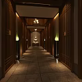 Zen Inspired Hotel Corridor With Wooden Walls Green Lit Lamps And Buddha Statue At End