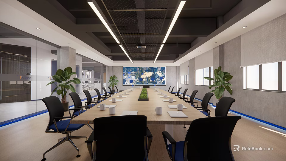 Modern Conference Room Interior With Long Table Black Chairs Green Plants And Ceiling Lights 3d model 