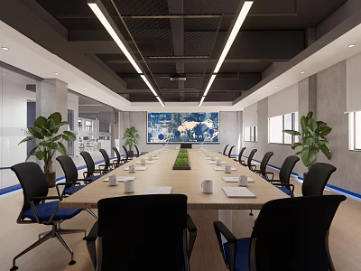 Modern Conference Room Interior With Long Table Black Chairs Green Plants And Ceiling Lights 3d model