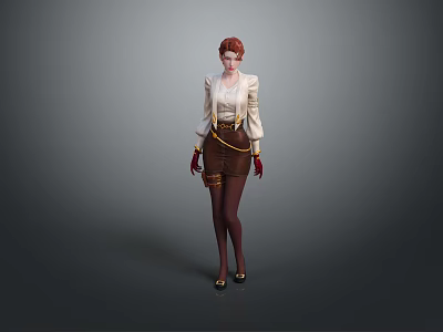 Detailed Game And Movie Character With Red Hair White Blouse Brown Skirt And Red Gloves 3d model
