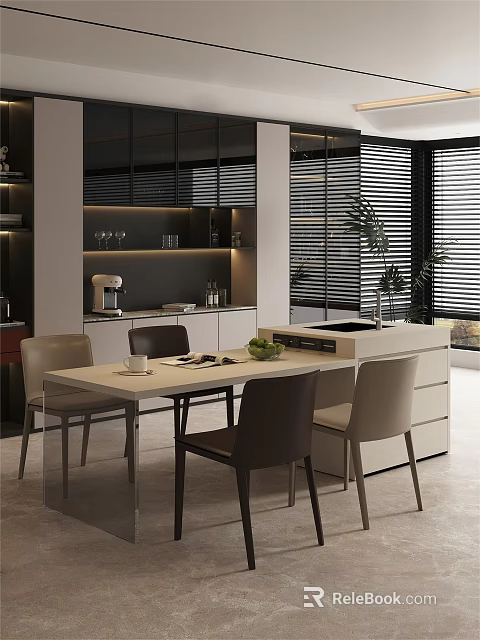 Modern Light Luxury Dining Table With Elegant Upholstered Chairs In Bright Stylish Open Kitchen Space 3d model 