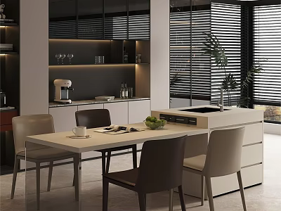 Modern Light Luxury Dining Table With Elegant Upholstered Chairs In Bright Stylish Open Kitchen Space 3d model