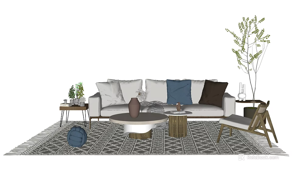 Modern Sofa Coffee Table Set With Mixed Pillows Patterned Rug And Potted Plants 3d model
