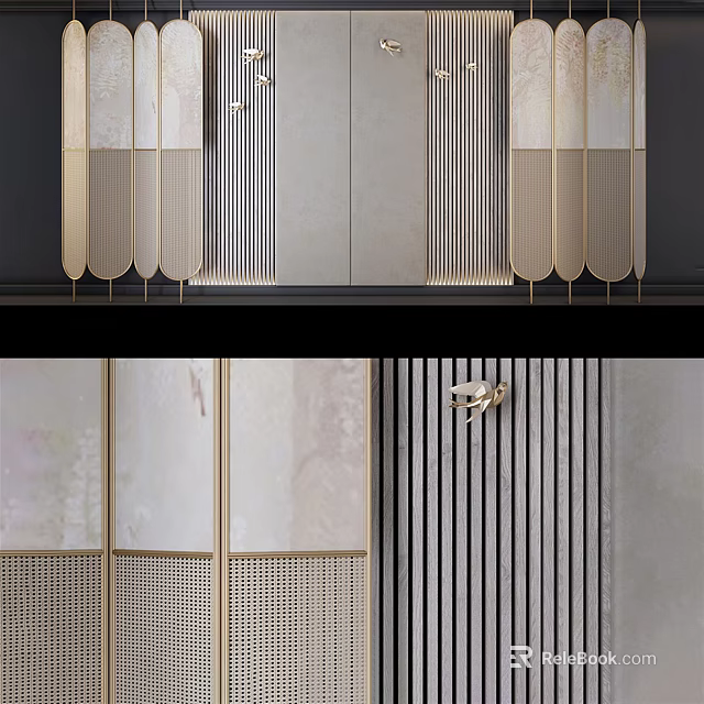Elegant Modern Room Divider With Golden Accents Vertical Slats And Textured Panels 3d model 