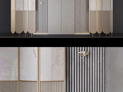 Elegant Modern Room Divider With Golden Accents Vertical Slats And Textured Panels 3d model