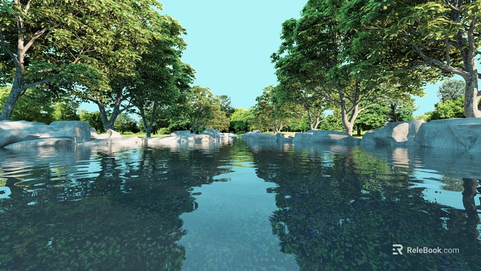 Tranquil Garden Landscape With Water Area Surrounding Trees Rocks And Reflections 3d model 
