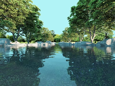 Tranquil Garden Landscape With Water Area Surrounding Trees Rocks And Reflections 3d model