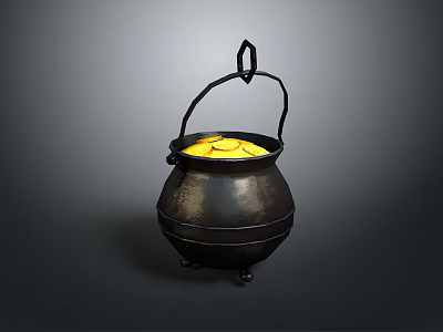 Black Iron Pot With Handle Filled With Gold Coins And Three Small Feet 3d model