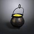 Black Iron Pot With Handle Filled With Gold Coins And Three Small Feet