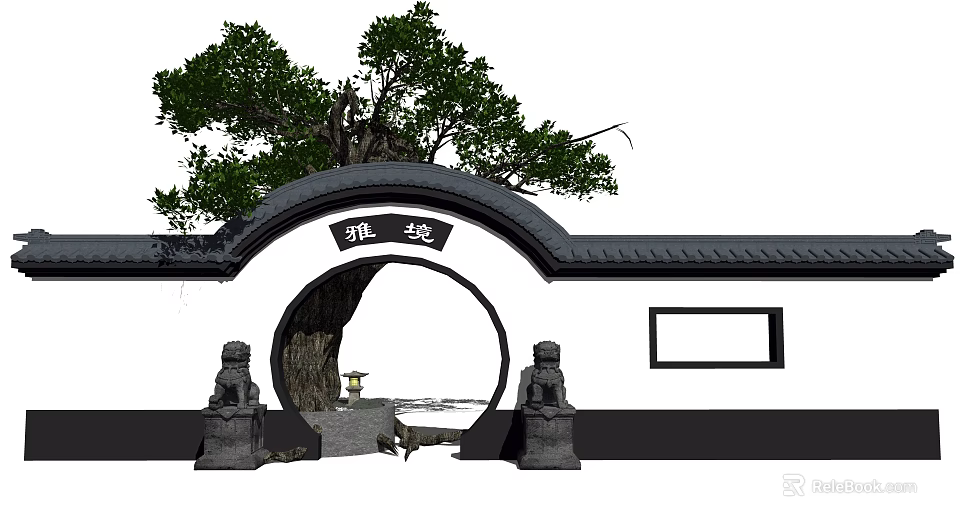 Chinese Style Scenic Wall with Circular Archway Stone Lions Large Tree and Traditional Roof Design 3d model 