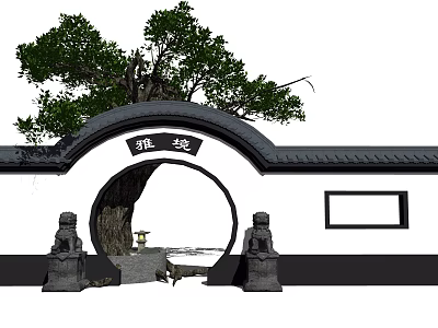 Chinese Style Scenic Wall with Circular Archway Stone Lions Large Tree and Traditional Roof Design 3d model