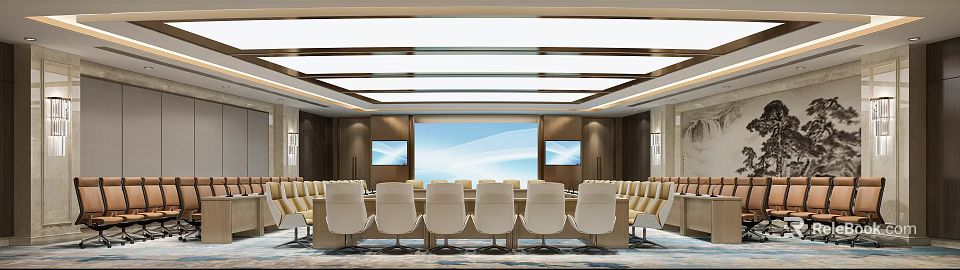 Modern Conference Room Interior With Large Screen Wooden Walls And Comfortable Seats 3d model 