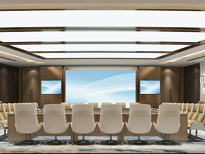 Modern Conference Room Interior With Large Screen Wooden Walls And Comfortable Seats 3d model