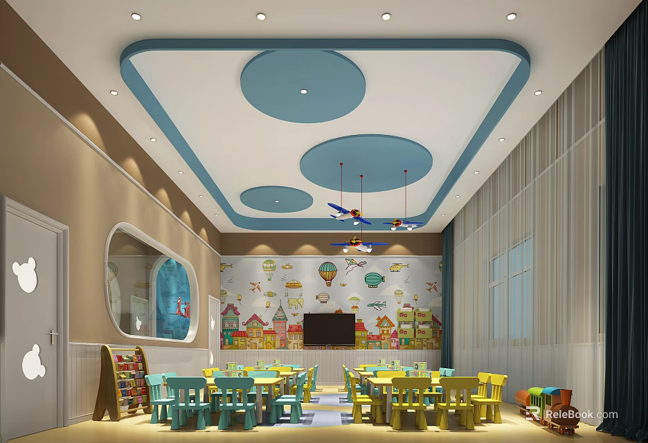 Kindergarten Classroom With Colorful Tables Chairs Round Ceiling Decorations And Cartoon Murals 3d model 