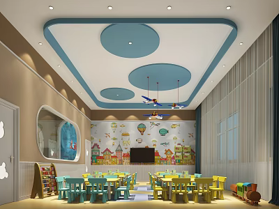 Kindergarten Classroom With Colorful Tables Chairs Round Ceiling Decorations And Cartoon Murals 3d model