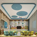 Kindergarten Classroom With Colorful Tables Chairs Round Ceiling Decorations And Cartoon Murals