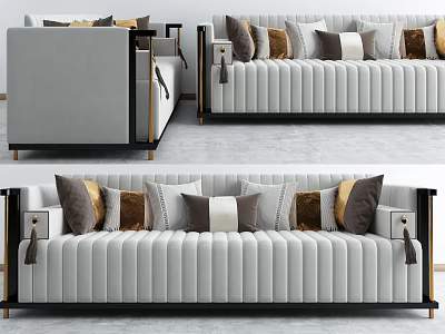 Modern Light Gray Ribbed Sectional Sofa With Decorative Pillows And Black Armrests 3d model