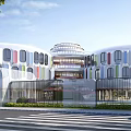 Modern School Building Featuring Circular Roofs Colorful Ground Greenery Near High Rise Buildings And Roads