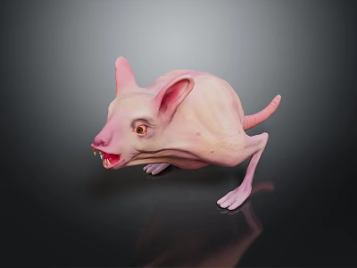 Pink Hairless Animal With Large Ears Sharp Teeth And Frightening Expression On Dark Reflective Surface 3d model
