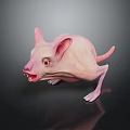 Pink Hairless Animal With Large Ears Sharp Teeth And Frightening Expression On Dark Reflective Surface