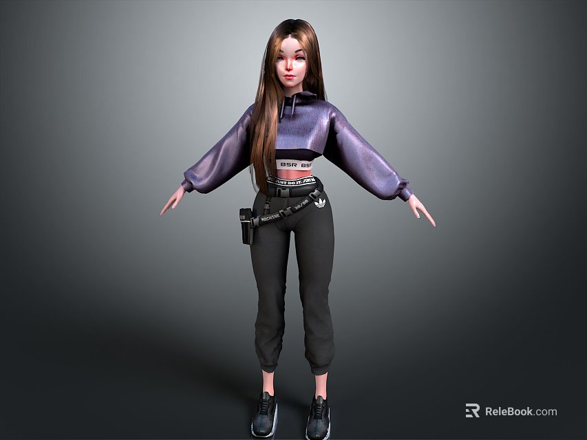 Woman With Long Hair Wearing Purple Jacket Black Pants Fanny Pack And Sneakers 3d model 