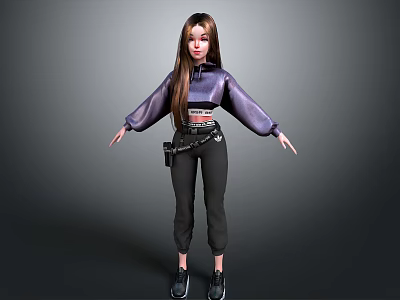 Woman With Long Hair Wearing Purple Jacket Black Pants Fanny Pack And Sneakers 3d model