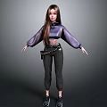 Woman With Long Hair Wearing Purple Jacket Black Pants Fanny Pack And Sneakers