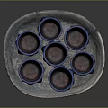 Set Of Six Glazed Blue Ceramic Cups On Decorative Textured Tray For Home Use