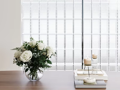 White Roses in Glass Vase with Green Leaves on Wooden Table by Window Blinds 3d model