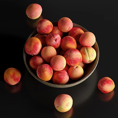 Fresh Ripe Pink And Yellow Peaches In Wooden Bowl On Black Background 3d model