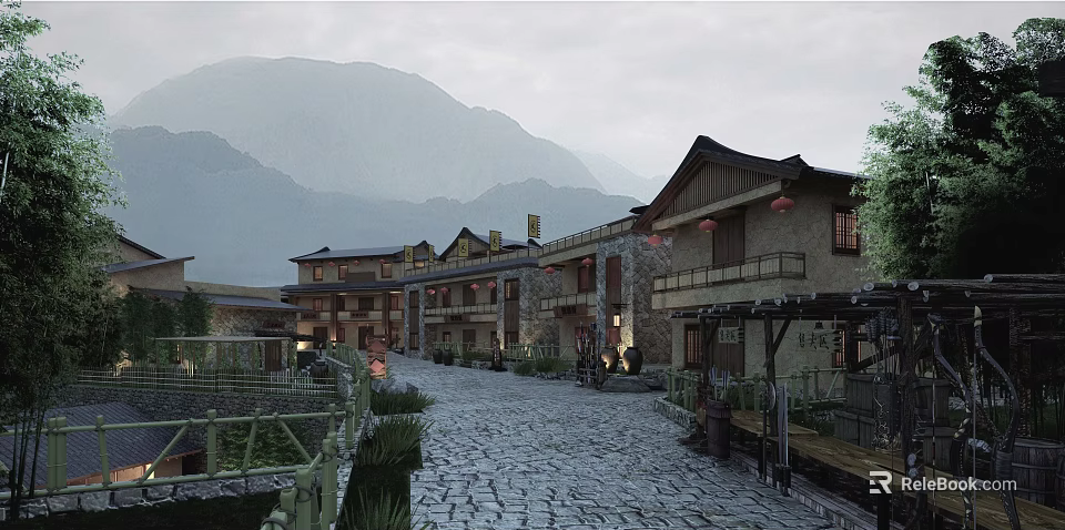 Traditional Chinese Detached Villa With Mountain View Stone Path And Lanterns 3d model 