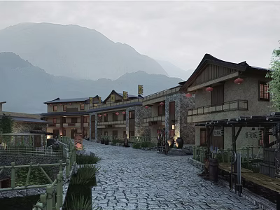 Traditional Chinese Detached Villa With Mountain View Stone Path And Lanterns 3d model