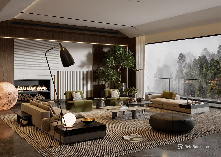 Elegant Modern Living Room Interior With Sofa Armchairs Floor Lamp Fireplace And Scenic Window View 3d model 