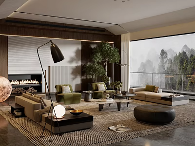 Elegant Modern Living Room Interior With Sofa Armchairs Floor Lamp Fireplace And Scenic Window View 3d model