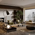 Elegant Modern Living Room Interior With Sofa Armchairs Floor Lamp Fireplace And Scenic Window View