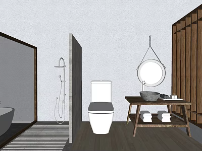 Minimalist Bathroom Washstand With Round Mirror Wooden Partition and Towels 3d model
