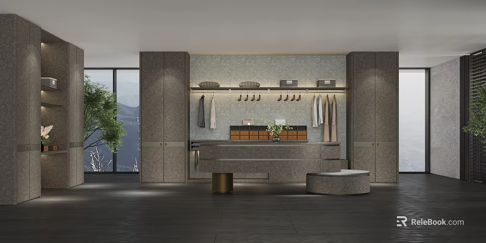 Modern Walk In Closet Interior With Custom Cabinets Hanging Racks And Stone Countertop 3d model 