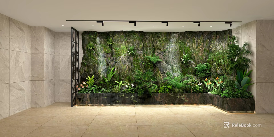 Indoor Vertical Garden Wall With Waterfall And Lush Green Plants 3d model 