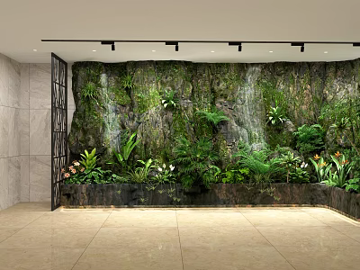 Indoor Vertical Garden Wall With Waterfall And Lush Green Plants 3d model