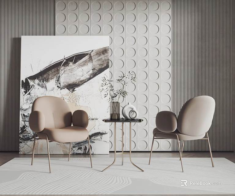 Beige Leisure Sofa Set with Metal Legs and Small Round Table with Vase and Plants 3d model 