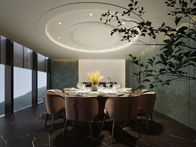 Luxurious Private Dining Box Interior With Round Table Elegant Chairs And Green Plants 3d model