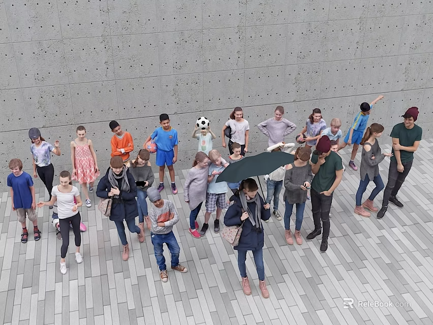 Group of People Gathering on Paved Square with Gray Wall and Playful Activities 3d model 