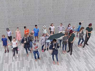 Group of People Gathering on Paved Square with Gray Wall and Playful Activities 3d model