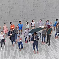 Group of People Gathering on Paved Square with Gray Wall and Playful Activities