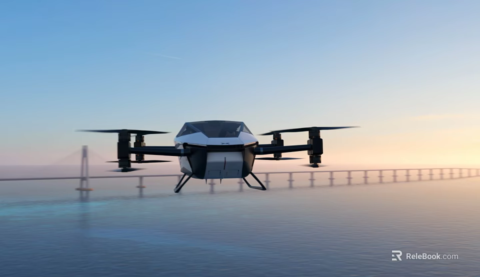 Futuristic Flying Vehicle Hovering Over Water Near Bridge With Blue Sky At Sunset 3d model 