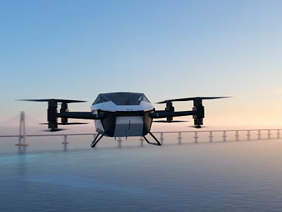 Futuristic Flying Vehicle Hovering Over Water Near Bridge With Blue Sky At Sunset 3d model